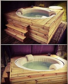 two pictures showing the inside and outside of a hot tub