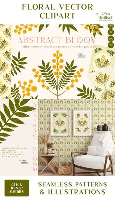 the front cover of an illustrated book with yellow flowers and green leaves on it's wall