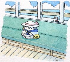 a watercolor drawing of a person sitting on a bench with a fish in the background