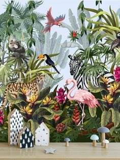 an image of a jungle scene with animals and birds on the wall in front of it