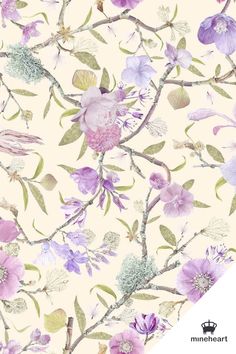 a floral wallpaper with purple flowers and green leaves on the branches in pastel colors