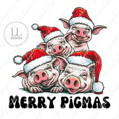 three pigs wearing santa hats and sitting next to each other with the words merry pigmas