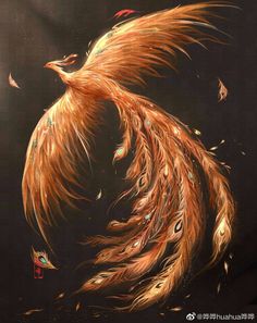 a painting of a bird with feathers flying in the air