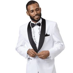 "This Classic White Shawl Tuxedo Comes In An Affordable White Microfiber Fabric That Is Wrinkle Resistant. The Jacket Features One Covered Button, A Full Satin Black Shawl Lapel, No Vents, And Pleated Classic Fit Pants. The Pants Come With A Six-Inch Drop And Are Adjustable, Allowing Them To Be Let Out 2 Inches Or Taken In Up To 4 Inches. The Pants Also Come Unfinished At The Bottom For Custom Hemming." White Black Tuxedo, White Single-breasted Tuxedo With Long Sleeves, Shawl Tuxedo, White Tailored Long-sleeved Tuxedo, White Semi-formal Tuxedo With Hidden Button Closure, White Single-button Tuxedo With Suit Collar