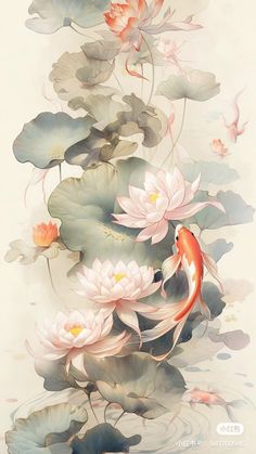 an artistic painting with water lilies and fish