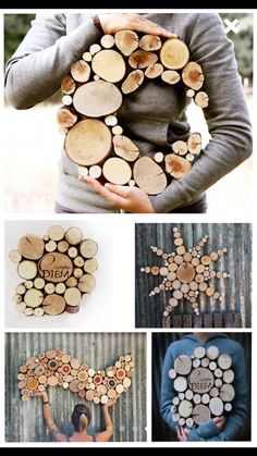 several pictures with different types of wood and text that says, diy tree slices