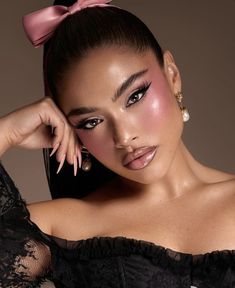 Makeup And Nails Photoshoot, Make Up Poses Photo Shoot, Soft Pink Glam Makeup Looks, Makeup Highlighter Aesthetic, Pink Rosy Makeup, Glam Shoot Ideas, Over Blush Makeup, Romantic Pink Makeup, Pink Winter Makeup