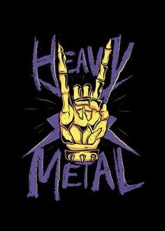 a hand with the word heavy metal painted on it's left side, in purple and yellow