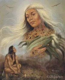 a painting of a native american woman with corn on the cob