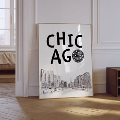 a poster with the words chic ag on it in front of a wooden floor