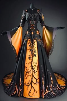 Hufflepuff Gown, Black And Orange Wedding Dress, Aubree Core, Dark Fantasy Gown, Vishma Maharaj, Purple Gown, Fantasy Style, Fancy Costumes, Fantasy Dresses