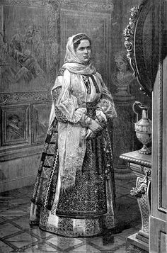 an old fashion woman standing in front of a mirror