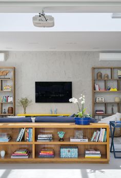 a living room filled with furniture and a flat screen tv mounted to the side of a wall