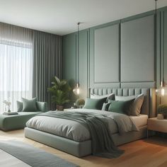 a large bed sitting next to a window in a room with wooden floors and green walls