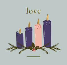 three candles with the word love written on them and holly branches in front of them