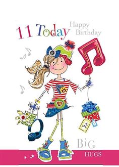 a birthday card with a girl holding a musical note