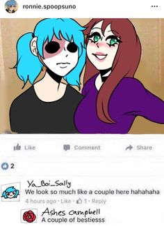 two women with blue hair are smiling and one is looking at the camera