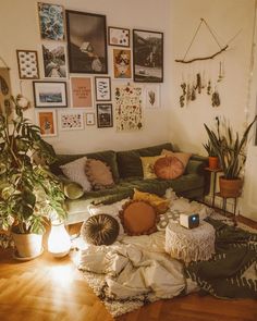 a living room filled with lots of plants and pictures on the wall above it's couch