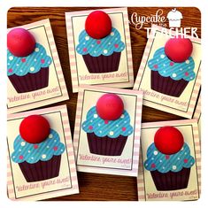 four valentine's day cards with cupcakes on them