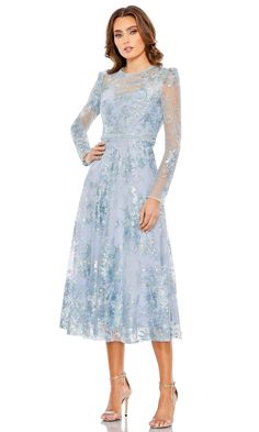 Mac Duggal 68020 - Embroidered Lace Formal Dress Powder Blue Color, Wedding Clothing, Lace Formal Dress, Unique Prom Dresses, Mac Duggal, Sleeve Midi Dress, Long Sleeve Midi, Bride Dresses, Tea Length