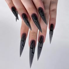 Package Contents: You will get 24 pcs long stiletto press on nails (with 12 different sizes) and 1 nail glue. You can choose the most suitable fake nails for yourself according to the size and width of your nails. Unique Design: According to the most popular elements of the moment, these long stiletto press on nails are designed with goth black swirl graffiti. High Material: Our long stiletto press on nails are made of high quality ABS environmental friendly acrylic material, not easy to break, Nail Long, Fake Nails Long, Long Almond, Long Stiletto Nails, Sharp Nails, Halloween Press On Nails, Long Stiletto, Nail Art Salon, Nagel Tips