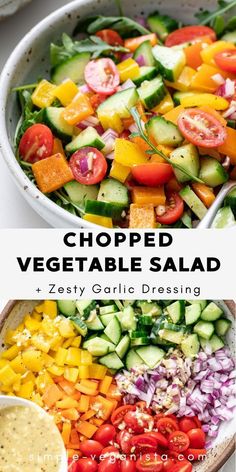 chopped vegetable salad in a bowl with dressing on the side and title text above it