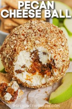 an apple pie cheese ball is cut in half