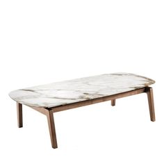 a marble top coffee table with wooden legs