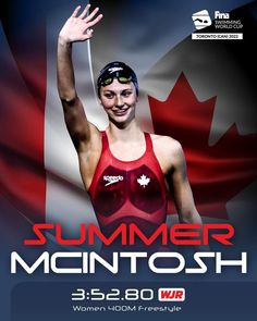 a woman in a red and black swimsuit holding her arms up with the canadian flag behind her