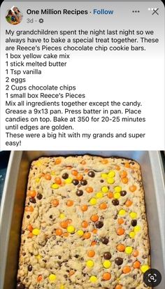 an image of a cake in a pan with candy on it and the recipe below