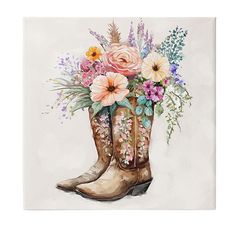 a painting of a cowboy boot with flowers in it