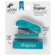 a blue stapler with the words yoobi on it's front side