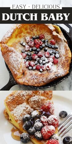 two pictures with the words easy delicious dutch baby and berries on top in front of them