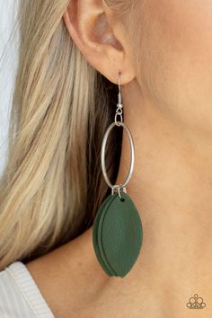 Leafy green leather frames swing from the bottom of a textured silver hoop, creating an earthy fringe. Earring attaches to a standard fishhook fitting.

 Sold as one pair of earrings. Shipping Warehouse, Green Earring, Fringe Earring, Leather Leaf, Green Box, Leather Frames, Fish Hook Earrings, Paparazzi Accessories, Green Item