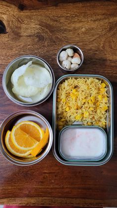 Snacks: Cut oranges  Lunch: Corn fried rice, carrot raita and papad  Bus Snacks: Ghee roasted makhanas Lunch Box Ideas For Adults Indian, Indian Lunchbox Ideas, Lunch Box Indian, Corn Fried Rice, Indian Lunch Box Recipes, Indian Tiffin Recipes Lunch Boxes, Corn Fried, Lunch Recipes Indian