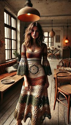 #crochetdress #handmade-crochet Boho Crochet Dress Pattern, Crotchet Pieces, Vogue Crochet, Bohemian Crochet Patterns, Crochet Winter Dresses, Earthy Crochet, Boho Crochet Dress, Crochet Dress Outfits, Crochet Dress Boho