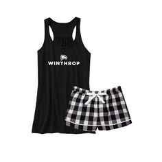 "Winthrop University Flannel Pajama Set - Eagles Tank & Boxer Set The Winthrop Eagles Logo Pajama Set includes 1 tank and 1 flannel plaid pj boxer.  Go with the flow in this go-to tank, made from our exceptionally soft poly-viscose blend, this women's racerback flowy tank top is a flattering draped silhouette, round neck and racerback. Your go-to for relaxing in comfort, our Flannel Short has feminine details that set it apart from the others. The 2-ply waistband has a satin drawcord, with satin piping at the leg openings. Pure comfort that's completely cute. TANK: 65% poly, 35% viscose, 32 single 3.7 oz. Sideseamed Relaxed, drapy fit Merrowed bottom hem Sheering at racerback seam. FLANNEL SHORT: 4.3 oz., 100% cotton flannel 2-ply waistband with elastic tonal 3/8\" cut and sew satin drawco Bride Pajamas, Winthrop University, Bride Pajama, Bridal Sleepwear, White Flowy Top, Flannel Shorts, Appalachian State University, Appalachian State, App State