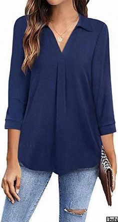 Fisdy - Blusa holgada de gasa con cuello mandarín Dressing Style, Chiffon Blouse, Mandarin Collar, Types Of Collars, Types Of Sleeves, Dark Blue, Blouses For Women, Loose Fitting, Chiffon