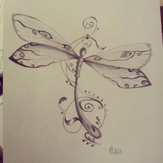 a drawing of a dragonfly with swirly wings