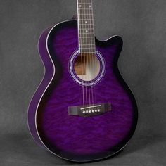 a purple acoustic guitar on a gray background with the fret inlayed to it's neck