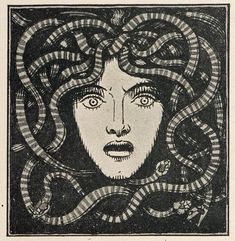 a drawing of a woman with snakes around her head and eyes, in black and white