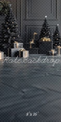 christmas trees and presents are displayed in front of a large screen with the words rectangle background