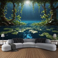 a living room with a couch and large wall mural in the background, it looks like an underwater scene