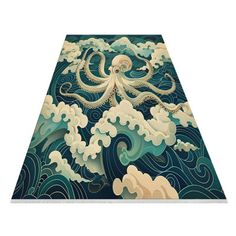 an octopus rug with waves and clouds on it