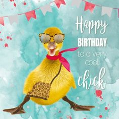 a happy birthday card with a chicken wearing sunglasses and a scarf on it's head