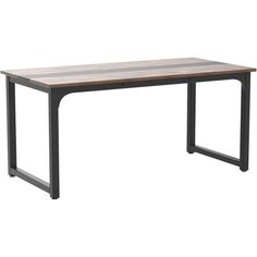 a wooden table with metal legs on a white background