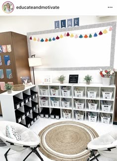 a room with chairs, bookshelves and baskets on the floor