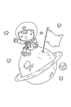 an astronaut is flying on top of the planet with a flag in his hand and stars around