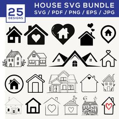 the house svg bundle is shown with different shapes and sizes, including hearts, houses,