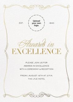 a white and gold card with the words, awards in excellence on it's front